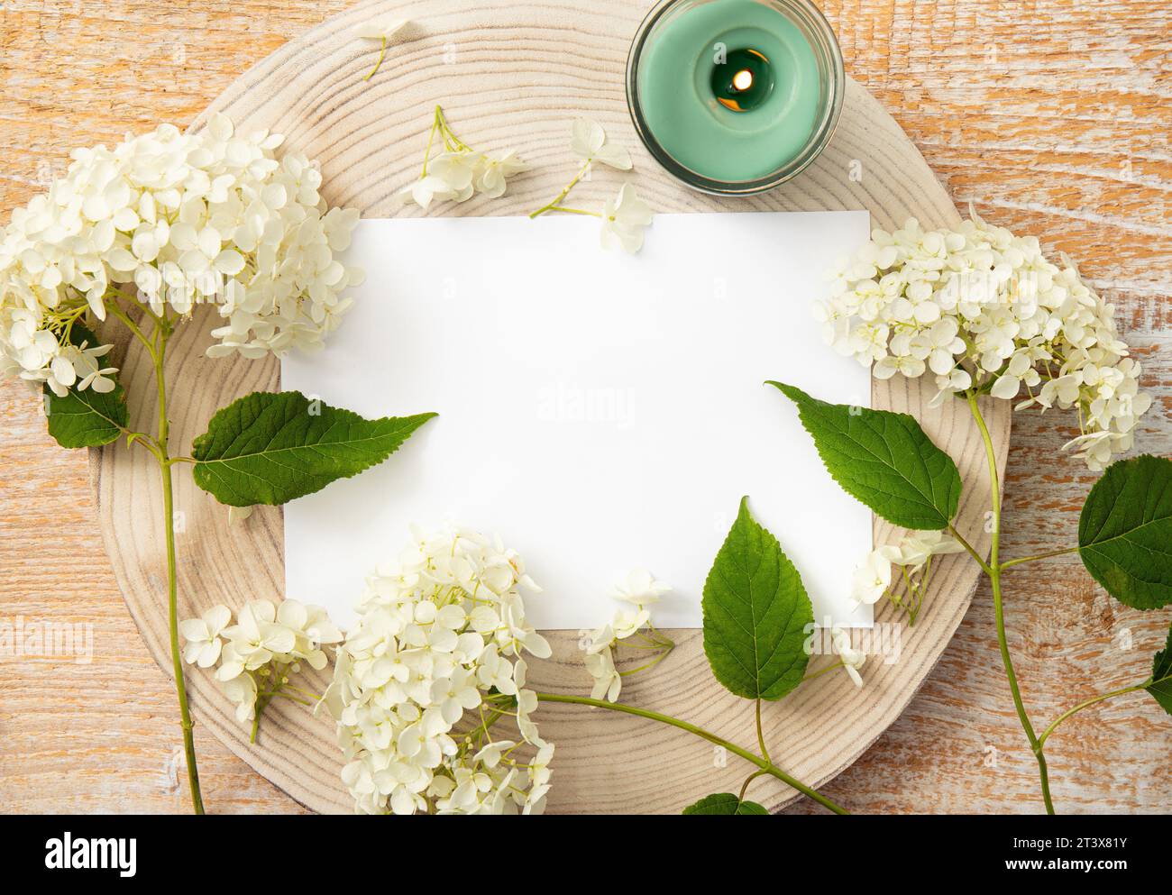 Oben Ansicht der weißen Farbe leere Papierseite mit Hortensien für Dekoration und grüne Kerze brennen auf hellem Holzhintergrund. Stockfoto