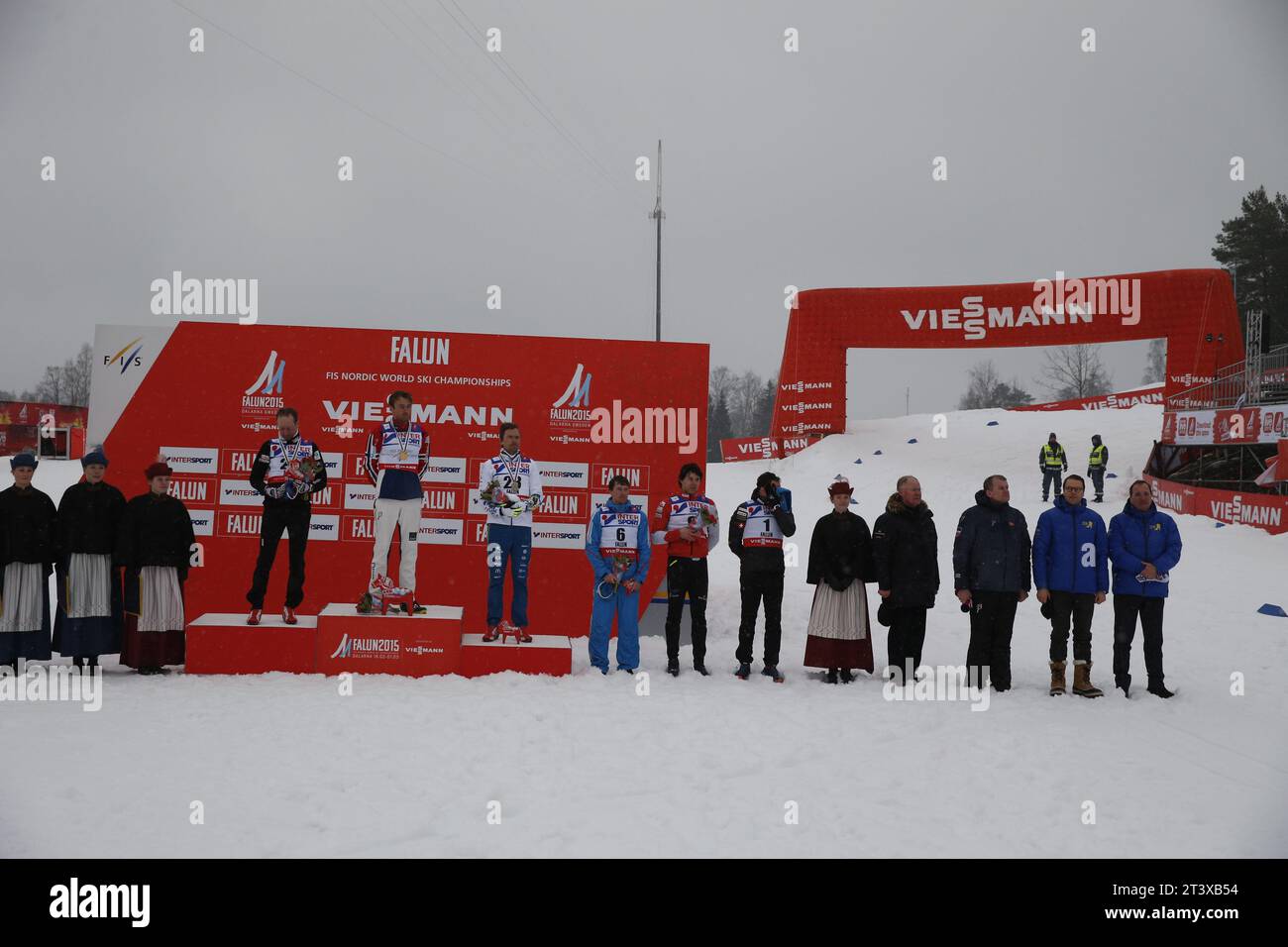 Viessmann Werbebanden FIS NORDISCHE SKI-WELTMEISTERSCHAFT 2015 in Falun, Schweden am 01.03.2015 Stockfoto