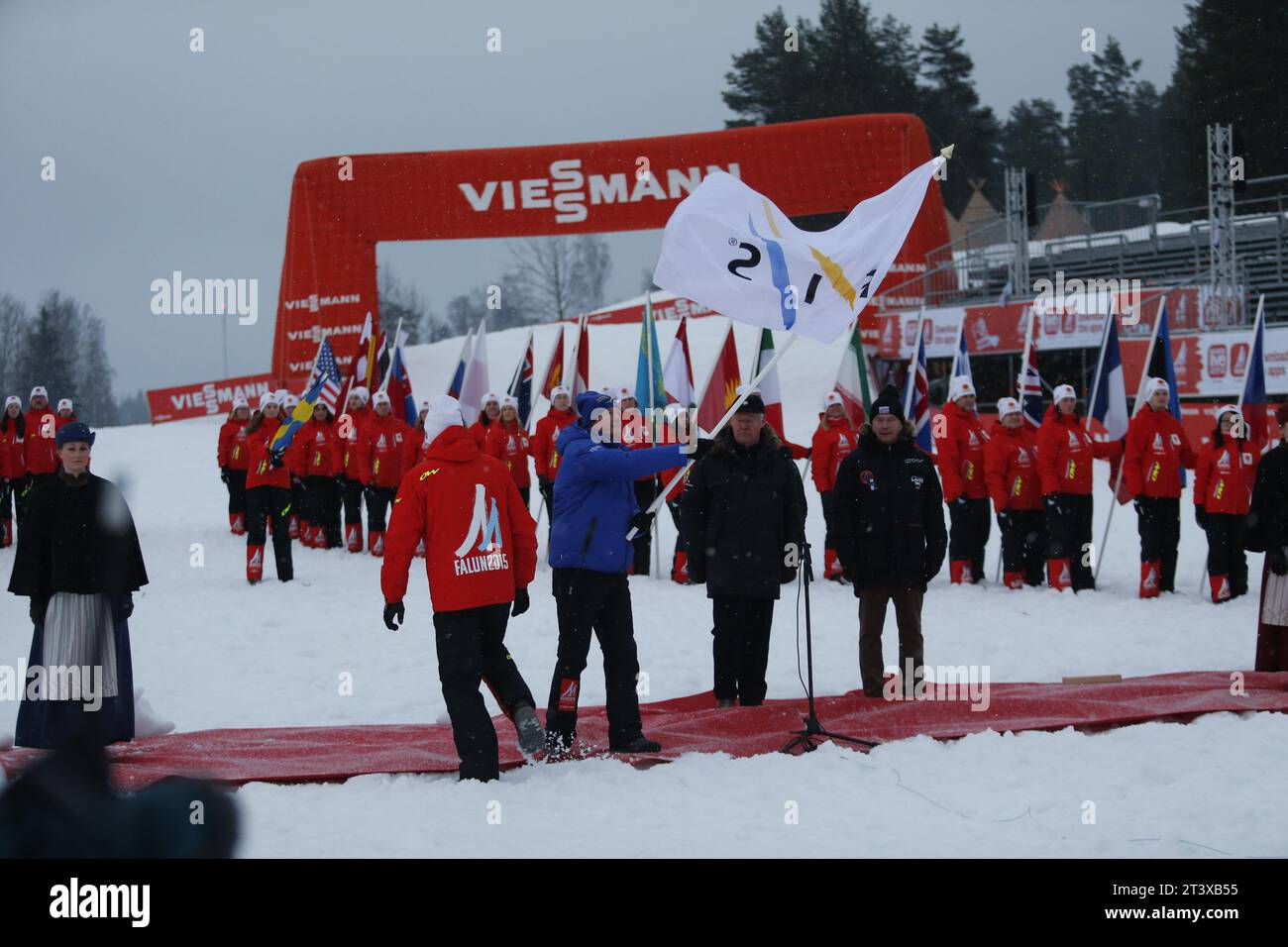 Viessmann Werbebanden FIS NORDISCHE SKI-WELTMEISTERSCHAFT 2015 in Falun, Schweden am 01.03.2015 Stockfoto