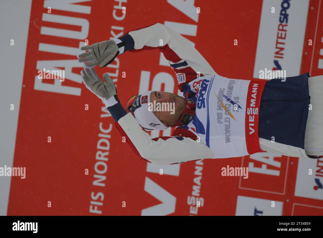 Viessmann Werbebanden FIS NORDISCHE SKI-WELTMEISTERSCHAFT 2015 in Falun, Schweden am 01.03.2015 Stockfoto