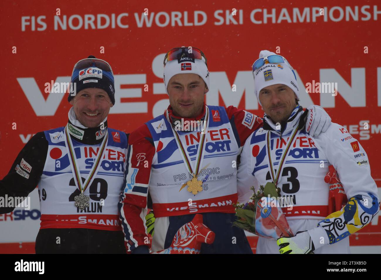 Viessmann Werbebanden FIS NORDISCHE SKI-WELTMEISTERSCHAFT 2015 in Falun, Schweden am 01.03.2015 Stockfoto