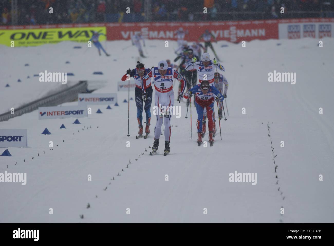 Viessmann Werbebanden FIS NORDISCHE SKI-WELTMEISTERSCHAFT 2015 in Falun, Schweden am 01.03.2015 Stockfoto