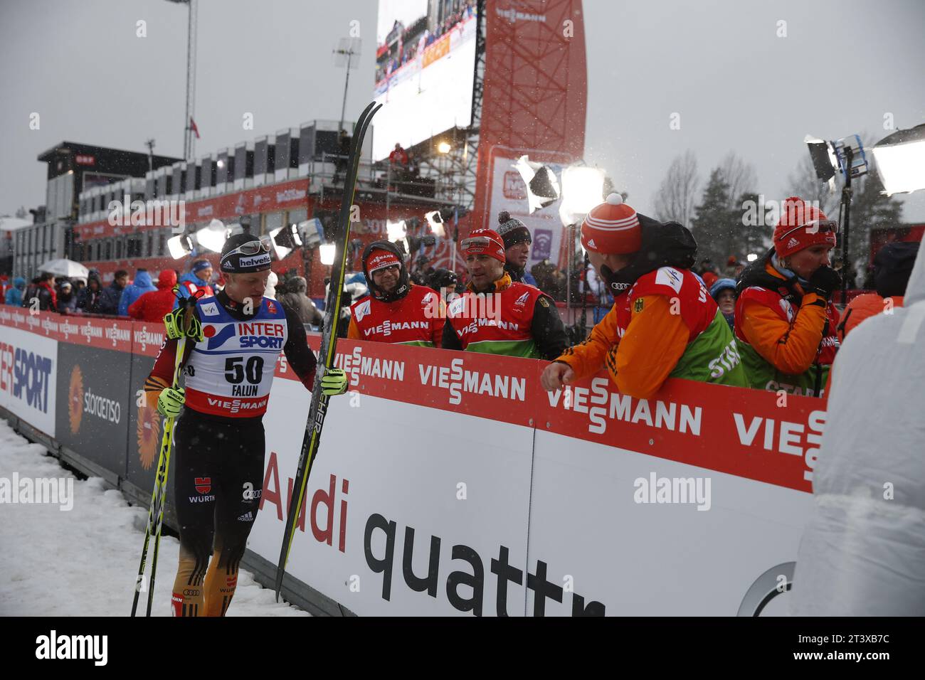 Viessmann Werbebanden FIS NORDISCHE SKI-WELTMEISTERSCHAFT 2015 in Falun, Schweden am 01.03.2015 Stockfoto