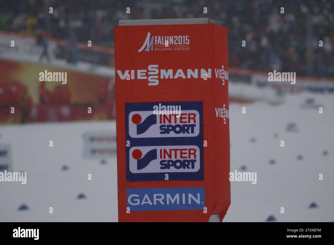 Viessmann Werbebanden FIS NORDISCHE SKI-WELTMEISTERSCHAFT 2015 in Falun, Schweden am 01.03.2015 Stockfoto