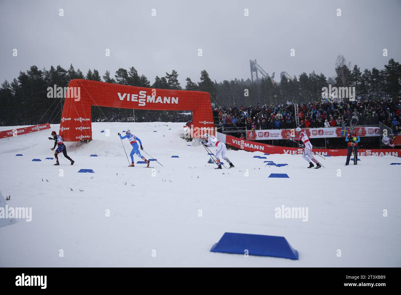 Viessmann Werbebanden FIS NORDISCHE SKI-WELTMEISTERSCHAFT 2015 in Falun, Schweden am 01.03.2015 Stockfoto
