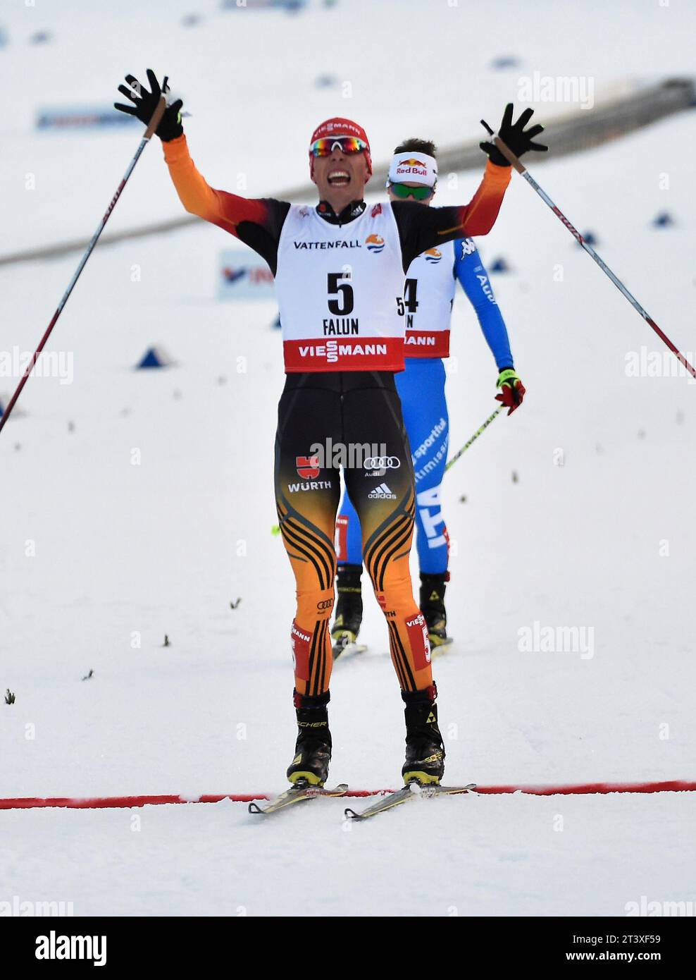 Johannes Rydzek Jubel im Ziel FIS NORDISCHE SKI-WELTMEISTERSCHAFT 2015 in Falun, Schweden am 20.02.2015 Stockfoto