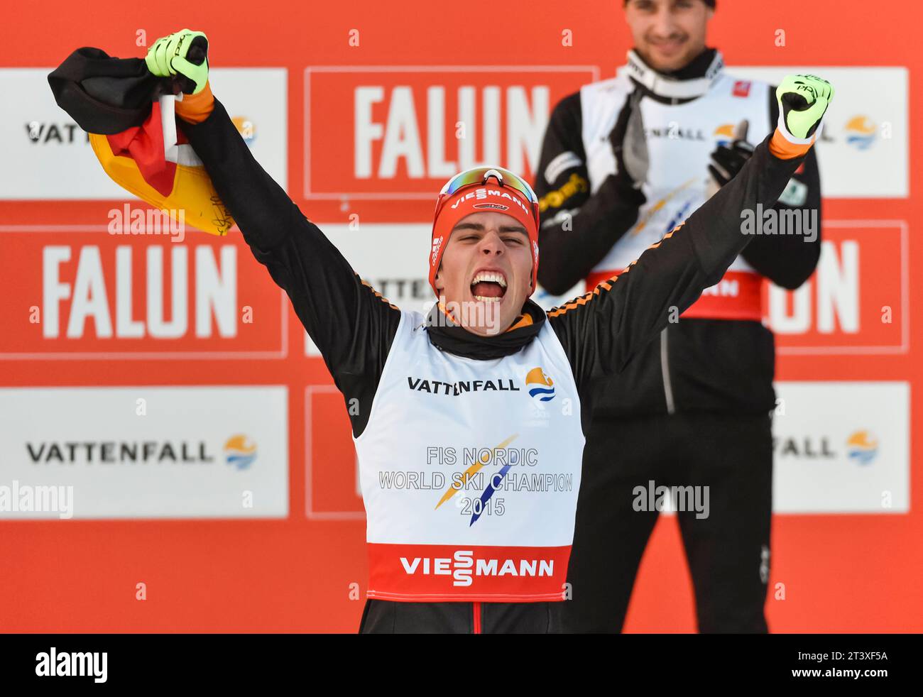Johannes Rydzek Weltmeister Jubel bei Siegerehrung FIS NORDISCHE SKI-WELTMEISTERSCHAFT 2015 in Falun, Schweden am 20.02.2015 Stockfoto