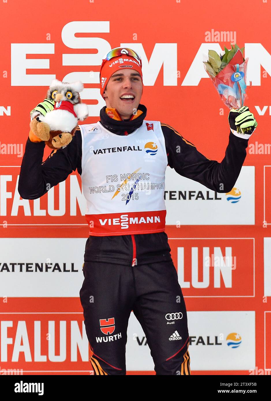 Johannes Rydzek Weltmeister Jubel bei Siegerehrung FIS NORDISCHE SKI-WELTMEISTERSCHAFT 2015 in Falun, Schweden am 20.02.2015 Stockfoto