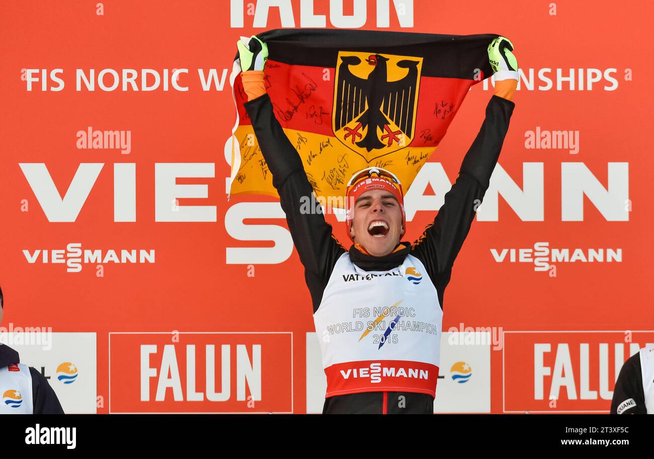 Johannes Rydzek Weltmeister Jubel bei Siegerehrung FIS NORDISCHE SKI-WELTMEISTERSCHAFT 2015 in Falun, Schweden am 20.02.2015 Stockfoto