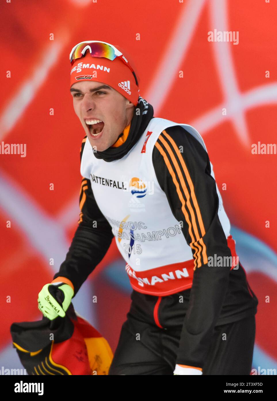 Johannes Rydzek Jubel im Ziel FIS NORDISCHE SKI-WELTMEISTERSCHAFT 2015 in Falun, Schweden am 20.02.2015 Stockfoto