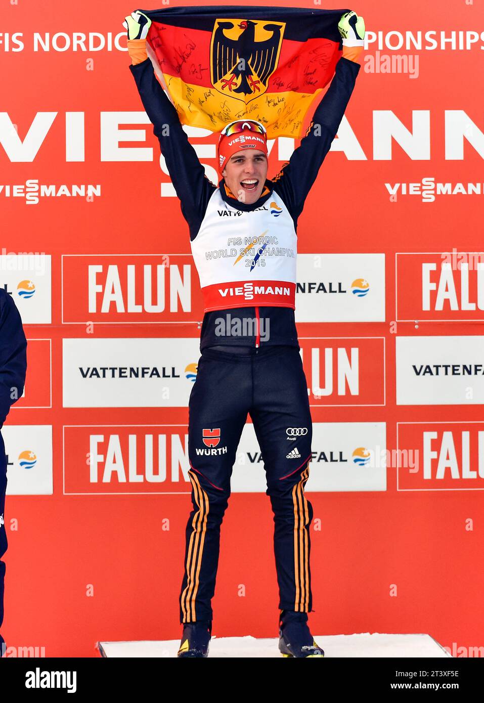 Johannes Rydzek Weltmeister Jubel bei Siegerehrung FIS NORDISCHE SKI-WELTMEISTERSCHAFT 2015 in Falun, Schweden am 20.02.2015 Stockfoto