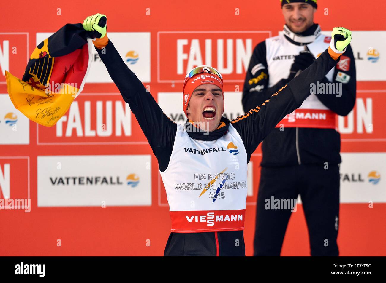 Johannes Rydzek Weltmeister Jubel bei Siegerehrung FIS NORDISCHE SKI-WELTMEISTERSCHAFT 2015 in Falun, Schweden am 20.02.2015 Stockfoto