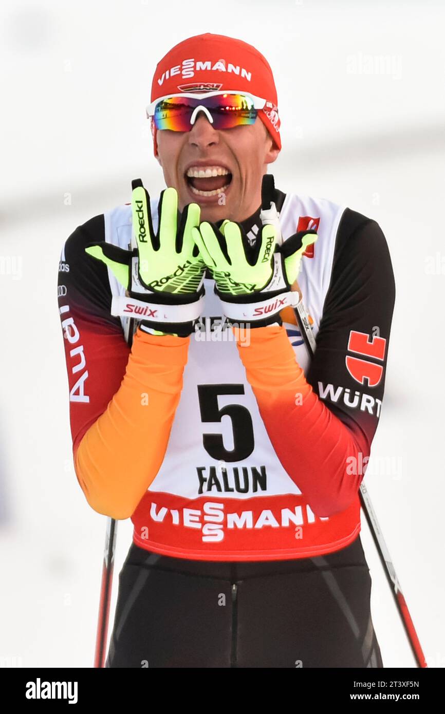 Johannes Rydzek Jubel im Ziel FIS NORDISCHE SKI-WELTMEISTERSCHAFT 2015 in Falun, Schweden am 20.02.2015 Stockfoto