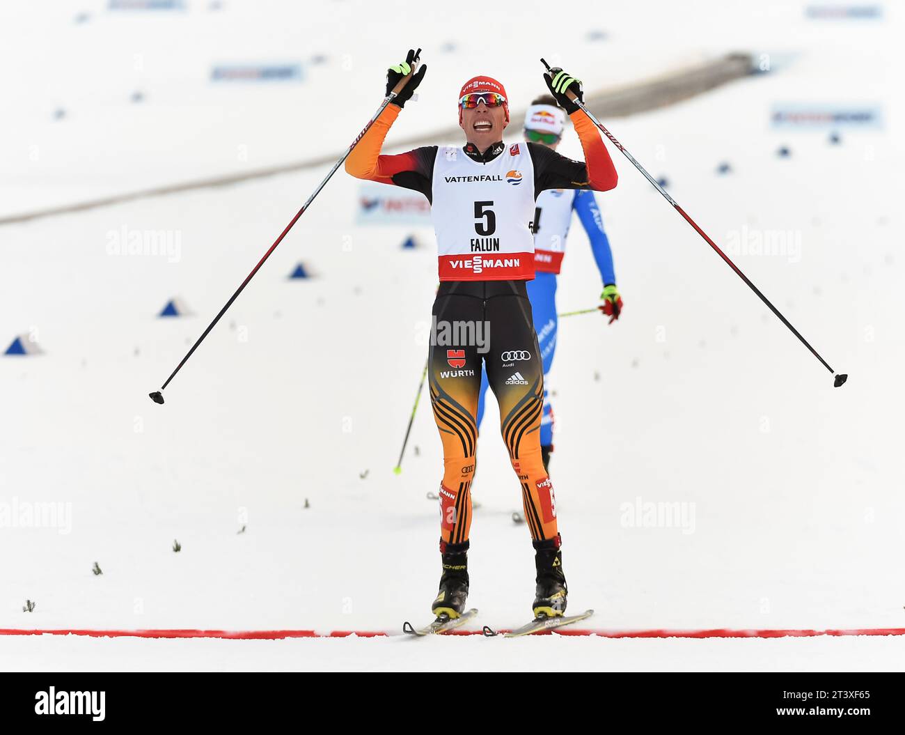 Johannes Rydzek Jubel im Ziel FIS NORDISCHE SKI-WELTMEISTERSCHAFT 2015 in Falun, Schweden am 20.02.2015 Stockfoto