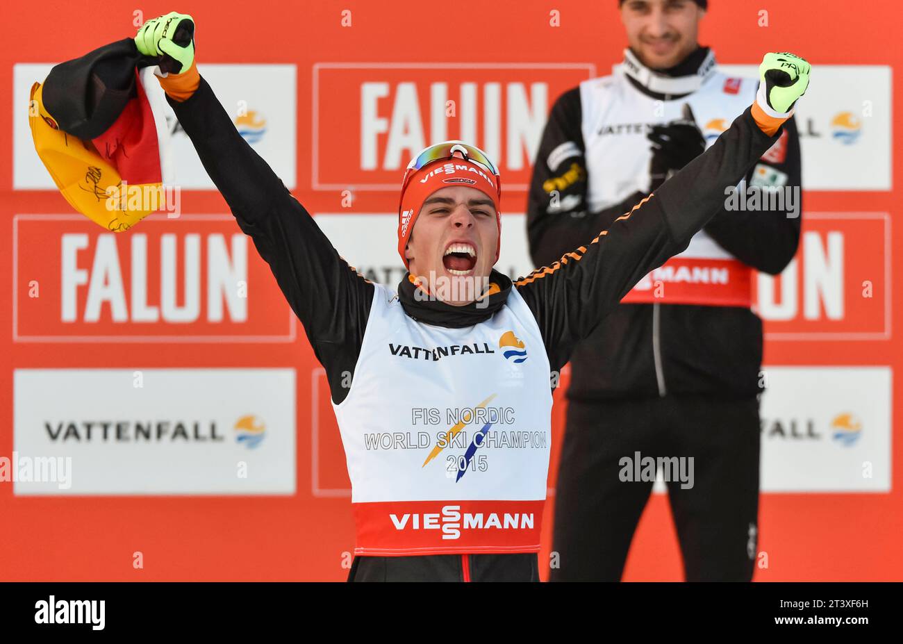 Johannes Rydzek Weltmeister Jubel bei Siegerehrung FIS NORDISCHE SKI-WELTMEISTERSCHAFT 2015 in Falun, Schweden am 20.02.2015 Stockfoto