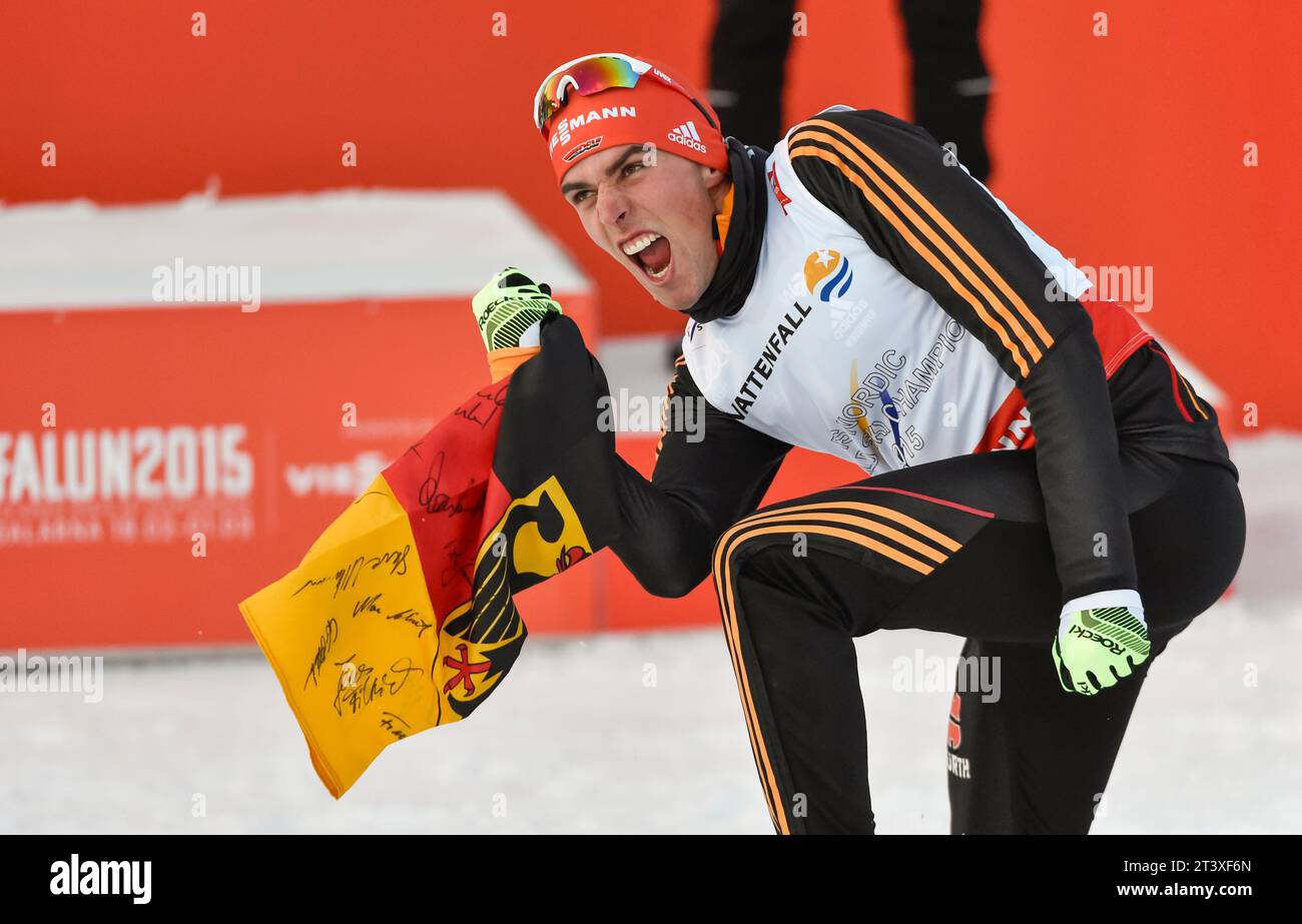 Johannes Rydzek Weltmeister Jubel bei Siegerehrung FIS NORDISCHE SKI-WELTMEISTERSCHAFT 2015 in Falun, Schweden am 20.02.2015 Stockfoto