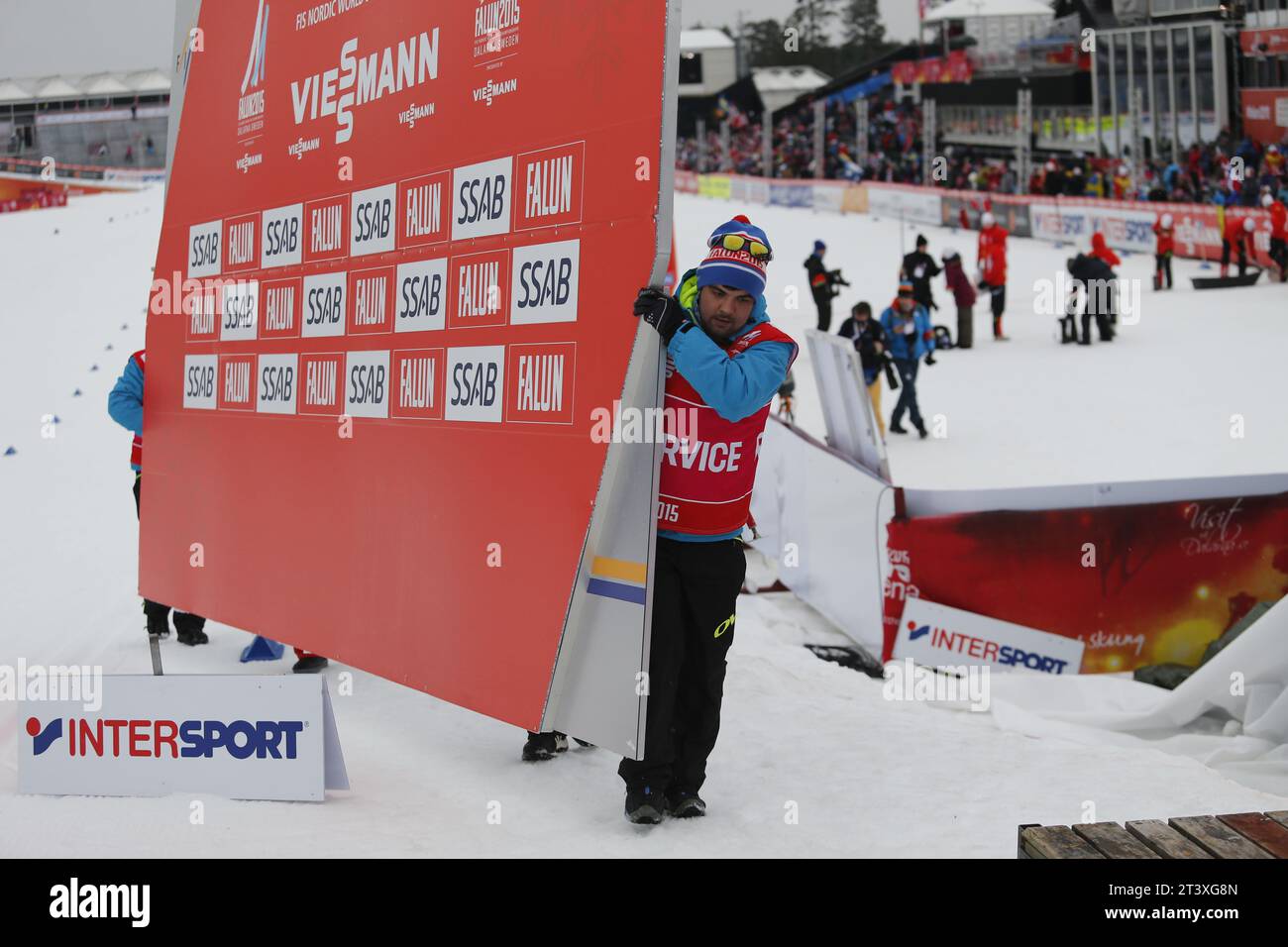 Viessmann Werbebanden FIS NORDISCHE SKI-WELTMEISTERSCHAFT 2015 in Falun, Schweden am 27.02.2015 Stockfoto