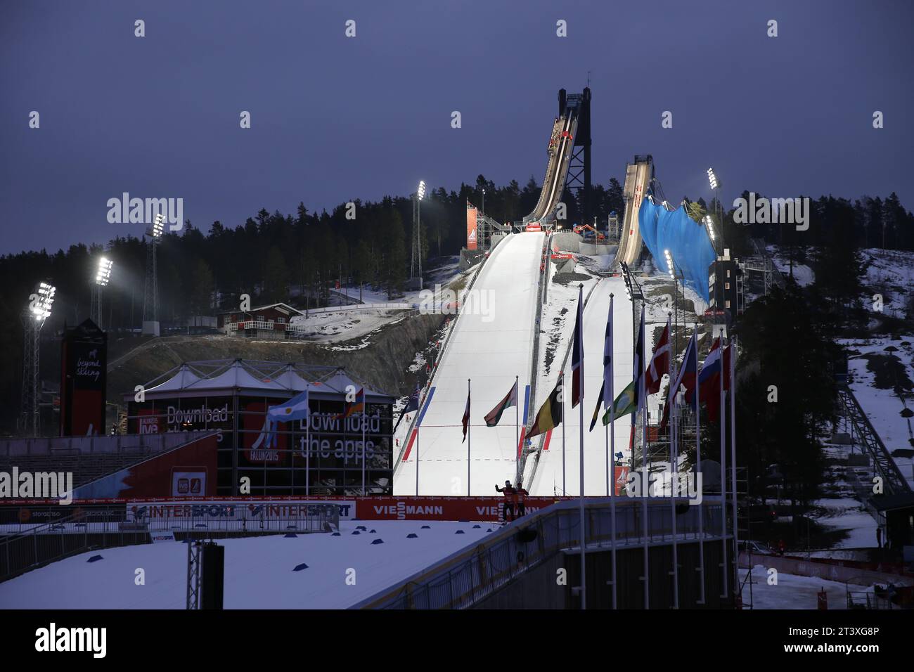 Viessmann Werbebanden FIS NORDISCHE SKI-WELTMEISTERSCHAFT 2015 in Falun, Schweden am 27.02.2015 Stockfoto