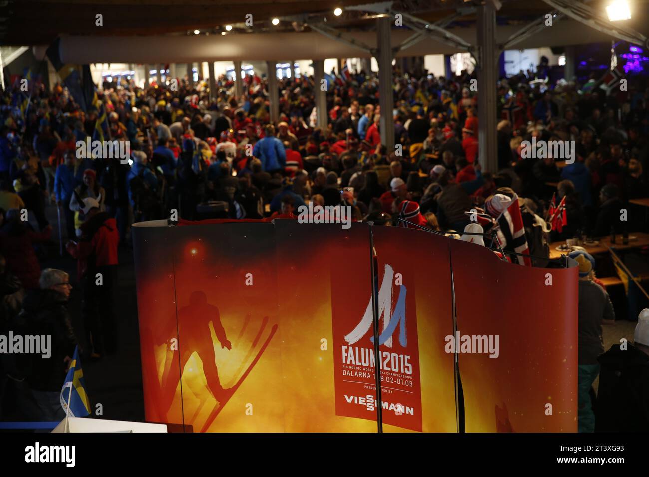 Viessmann Werbebanden FIS NORDISCHE SKI-WELTMEISTERSCHAFT 2015 in Falun, Schweden am 27.02.2015 Stockfoto