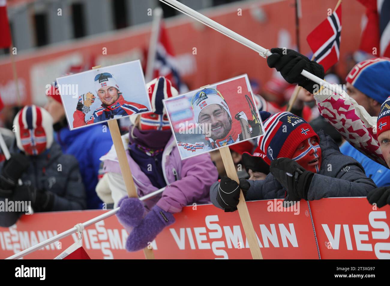 Viessmann Werbebanden FIS NORDISCHE SKI-WELTMEISTERSCHAFT 2015 in Falun, Schweden am 27.02.2015 Stockfoto