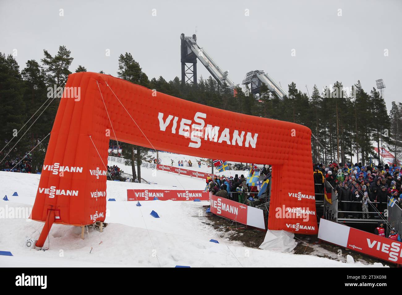Viessmann Werbebanden FIS NORDISCHE SKI-WELTMEISTERSCHAFT 2015 in Falun, Schweden am 27.02.2015 Stockfoto