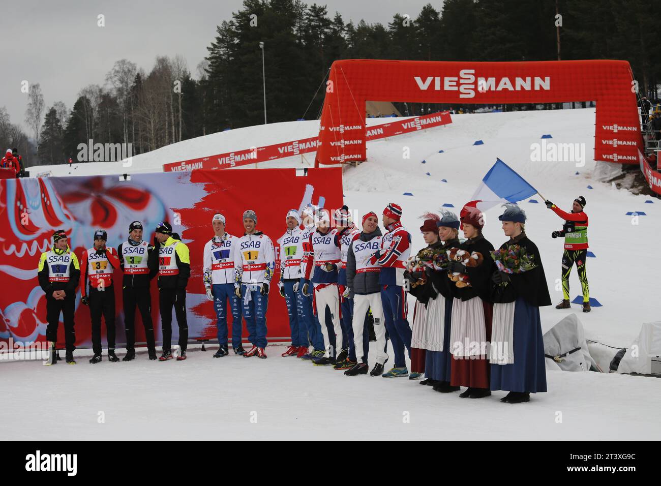 Viessmann Werbebanden FIS NORDISCHE SKI-WELTMEISTERSCHAFT 2015 in Falun, Schweden am 27.02.2015 Stockfoto