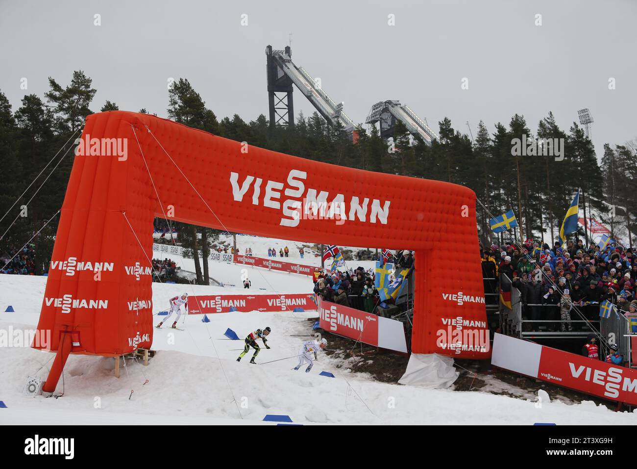 Viessmann Werbebanden FIS NORDISCHE SKI-WELTMEISTERSCHAFT 2015 in Falun, Schweden am 27.02.2015 Stockfoto
