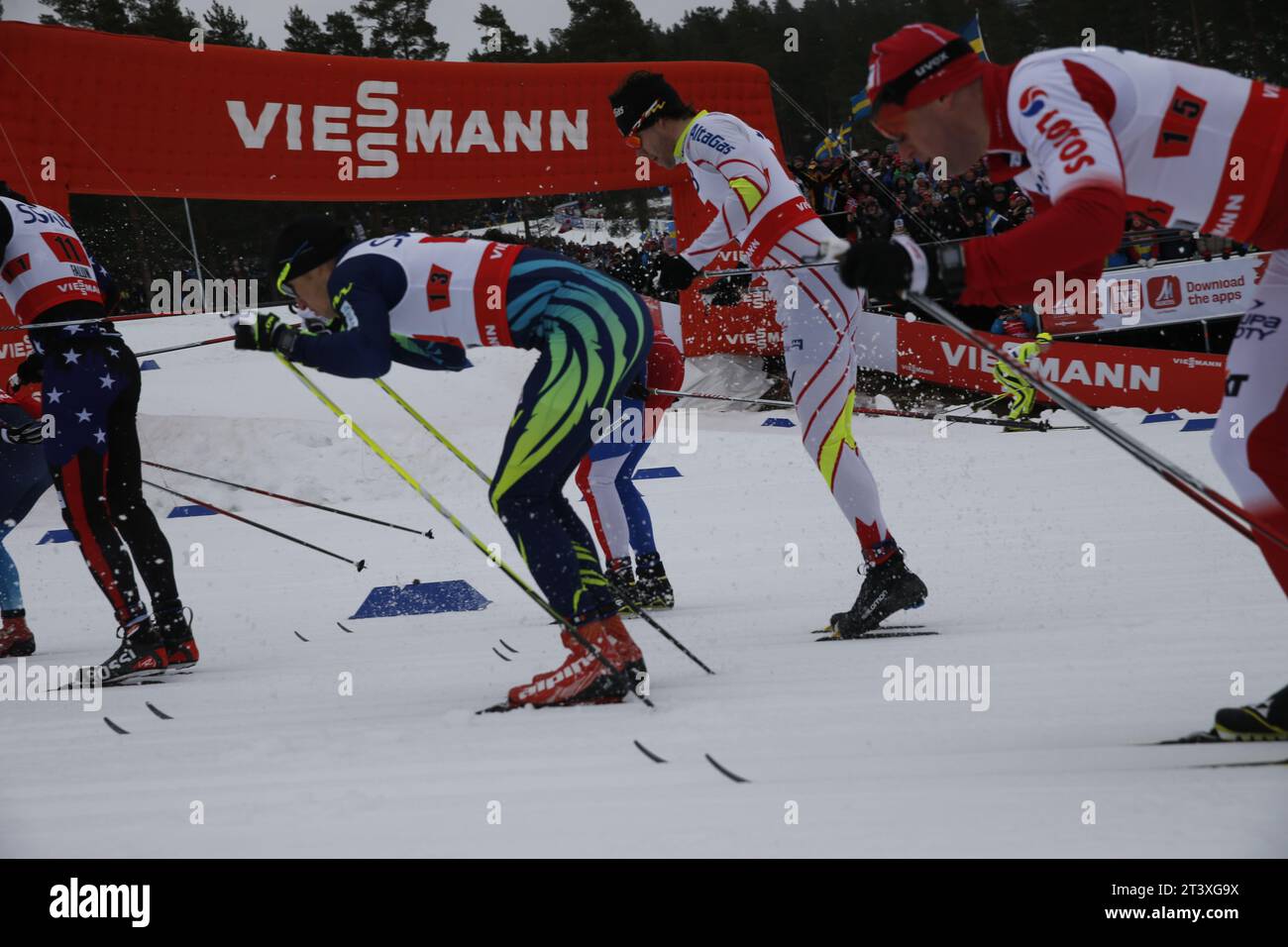 Viessmann Werbebanden FIS NORDISCHE SKI-WELTMEISTERSCHAFT 2015 in Falun, Schweden am 27.02.2015 Stockfoto