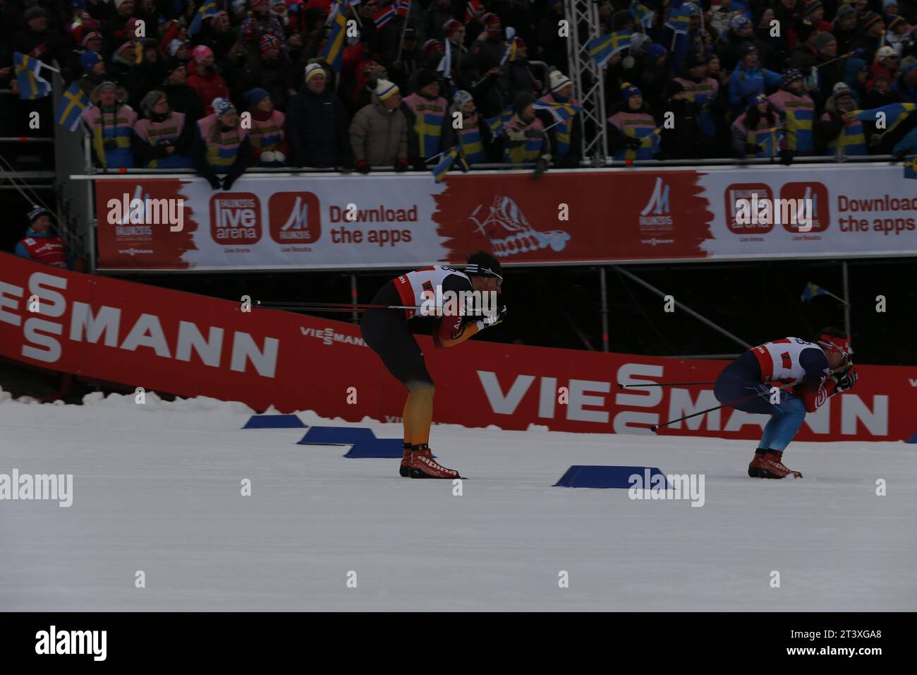 Viessmann Werbebanden FIS NORDISCHE SKI-WELTMEISTERSCHAFT 2015 in Falun, Schweden am 27.02.2015 Stockfoto