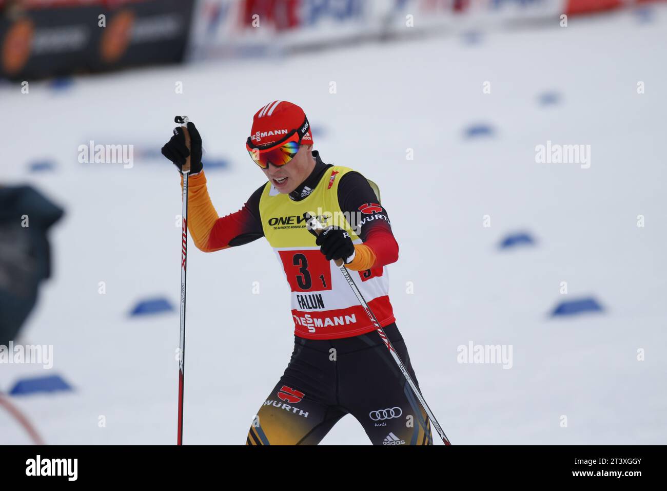 Viessmann Werbebanden FIS NORDISCHE SKI-WELTMEISTERSCHAFT 2015 in Falun, Schweden am 28.02.2015 Stockfoto