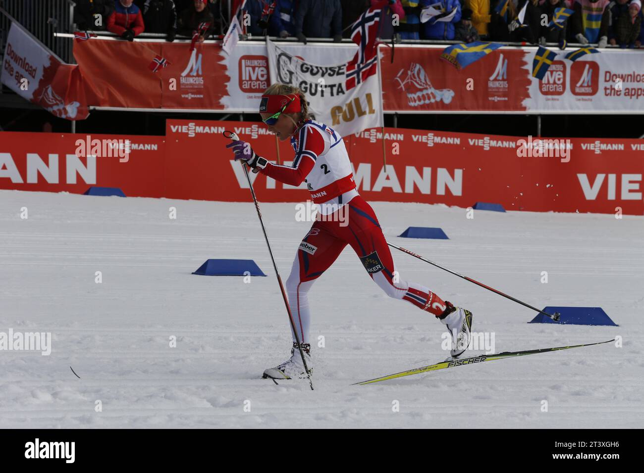 Viessmann Werbebanden FIS NORDISCHE SKI-WELTMEISTERSCHAFT 2015 in Falun, Schweden am 28.02.2015 Stockfoto