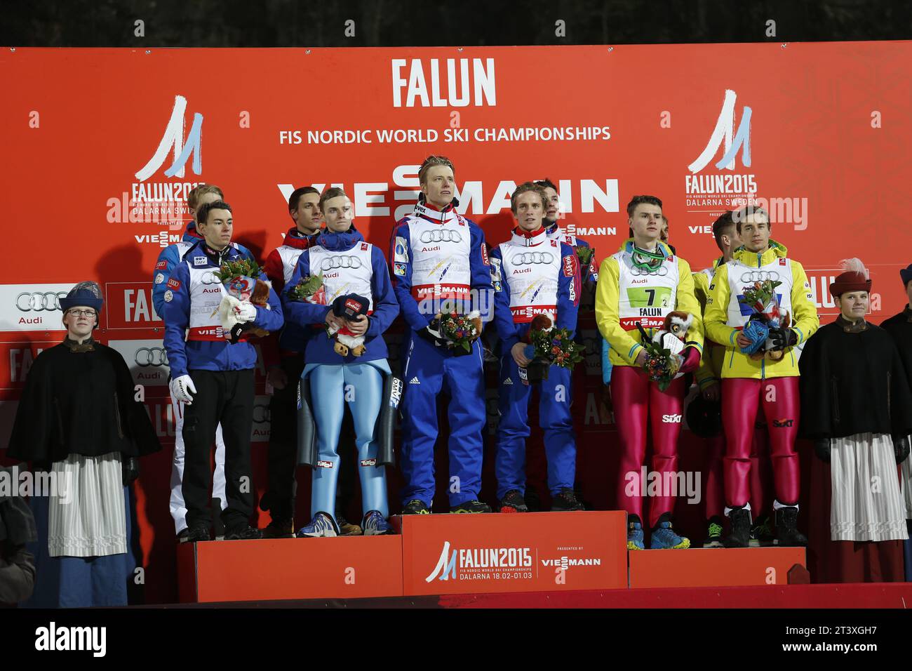 Viessmann Werbebanden FIS NORDISCHE SKI-WELTMEISTERSCHAFT 2015 in Falun, Schweden am 28.02.2015 Stockfoto