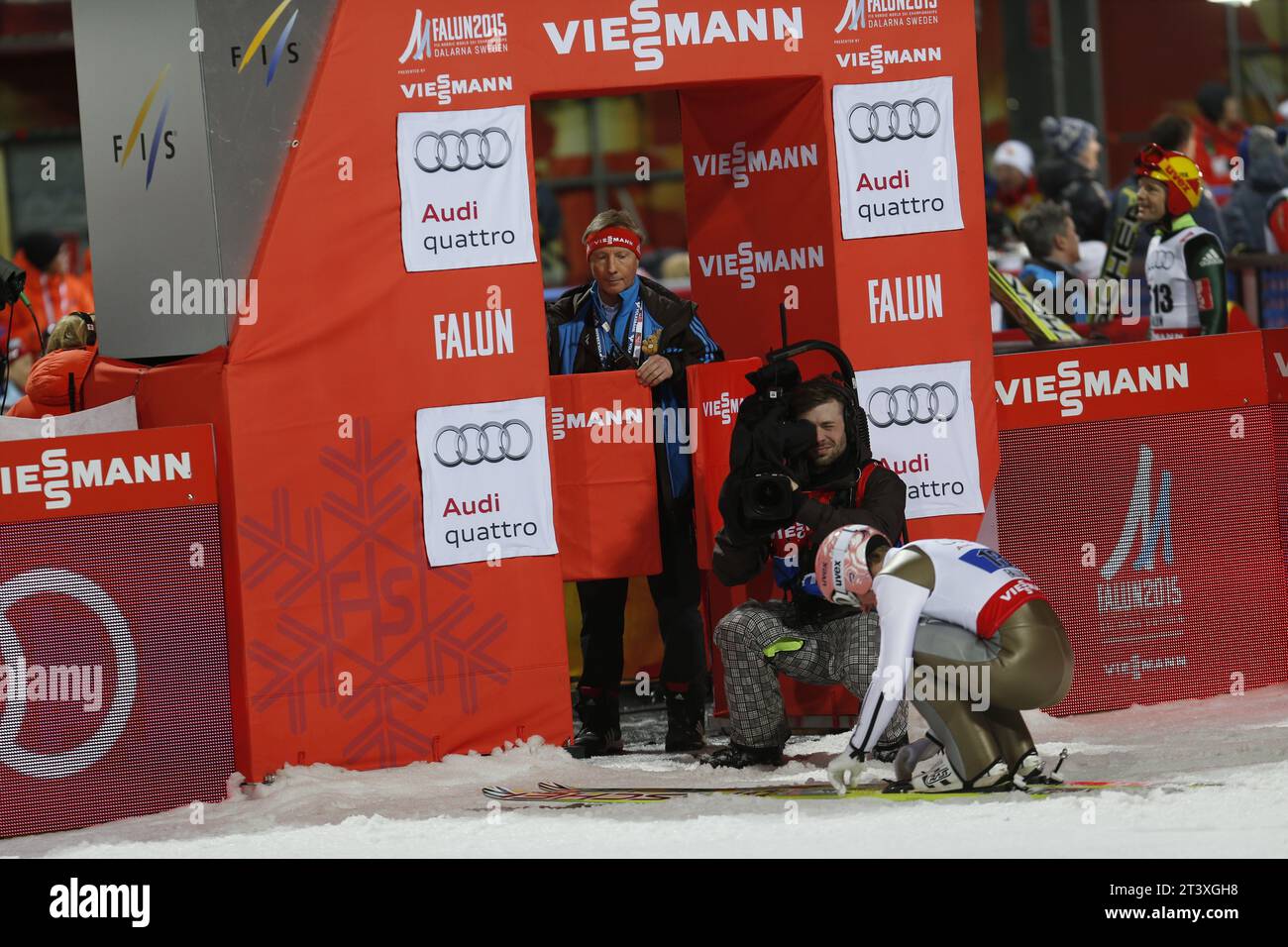 Viessmann Werbebanden FIS NORDISCHE SKI-WELTMEISTERSCHAFT 2015 in Falun, Schweden am 28.02.2015 Stockfoto
