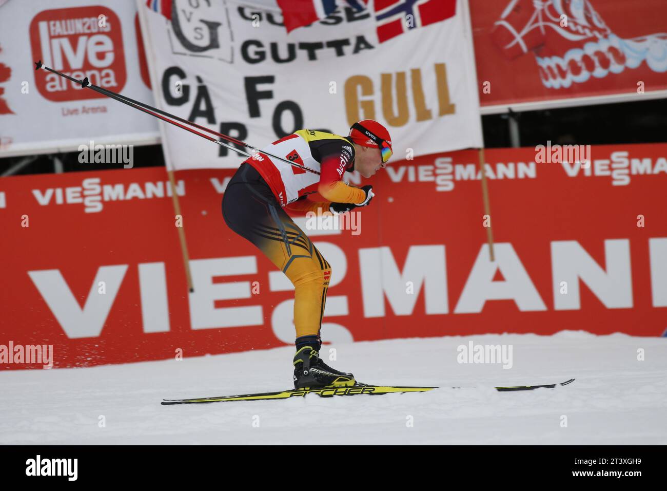 Viessmann Werbebanden FIS NORDISCHE SKI-WELTMEISTERSCHAFT 2015 in Falun, Schweden am 28.02.2015 Stockfoto