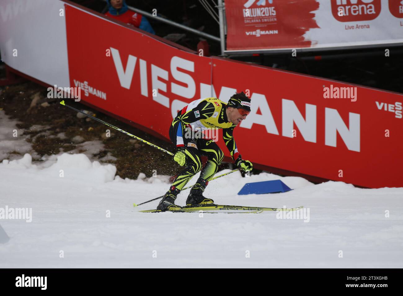 Viessmann Werbebanden FIS NORDISCHE SKI-WELTMEISTERSCHAFT 2015 in Falun, Schweden am 28.02.2015 Stockfoto