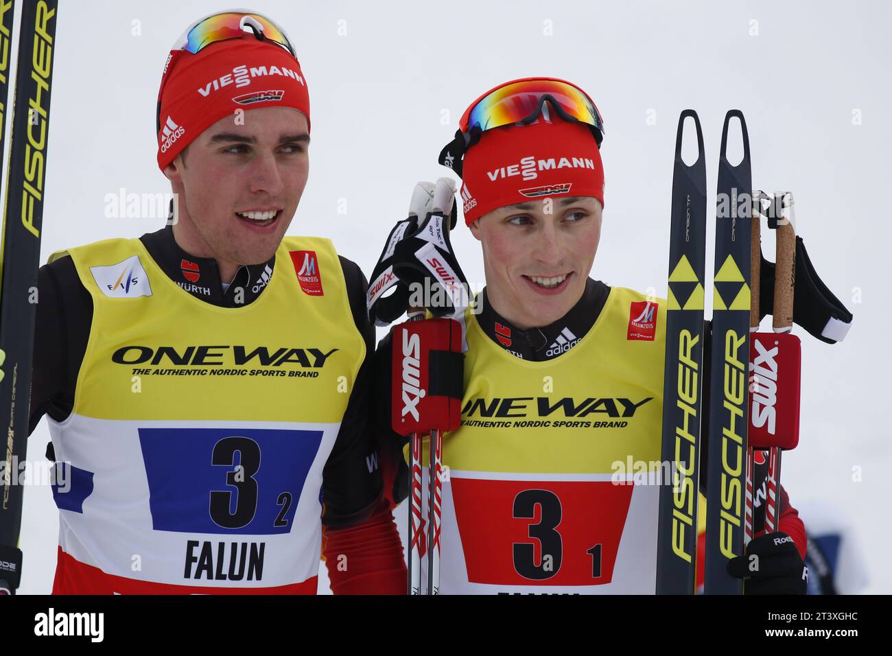 Viessmann Werbebanden FIS NORDISCHE SKI-WELTMEISTERSCHAFT 2015 in Falun, Schweden am 28.02.2015 Stockfoto
