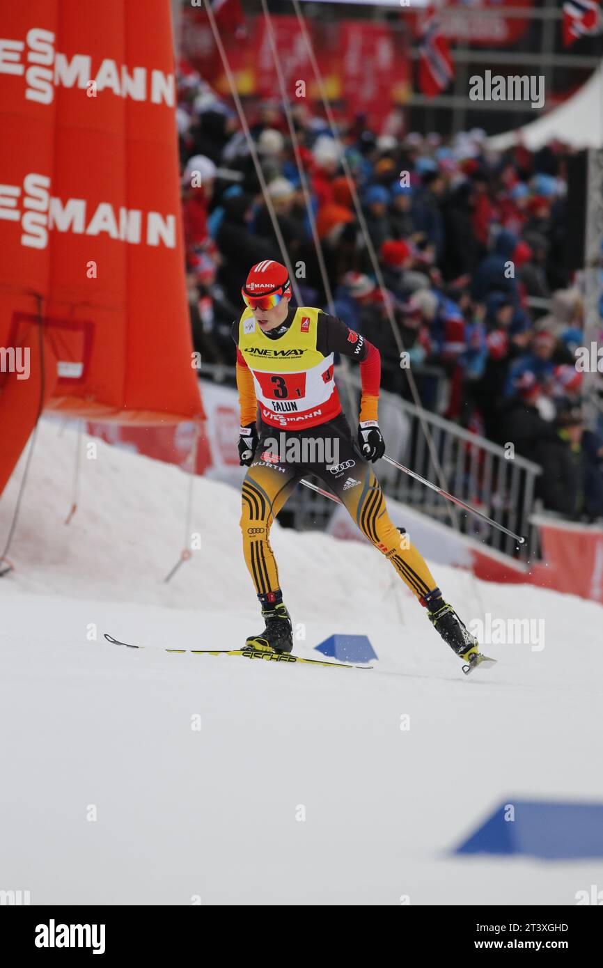 Viessmann Werbebanden FIS NORDISCHE SKI-WELTMEISTERSCHAFT 2015 in Falun, Schweden am 28.02.2015 Stockfoto