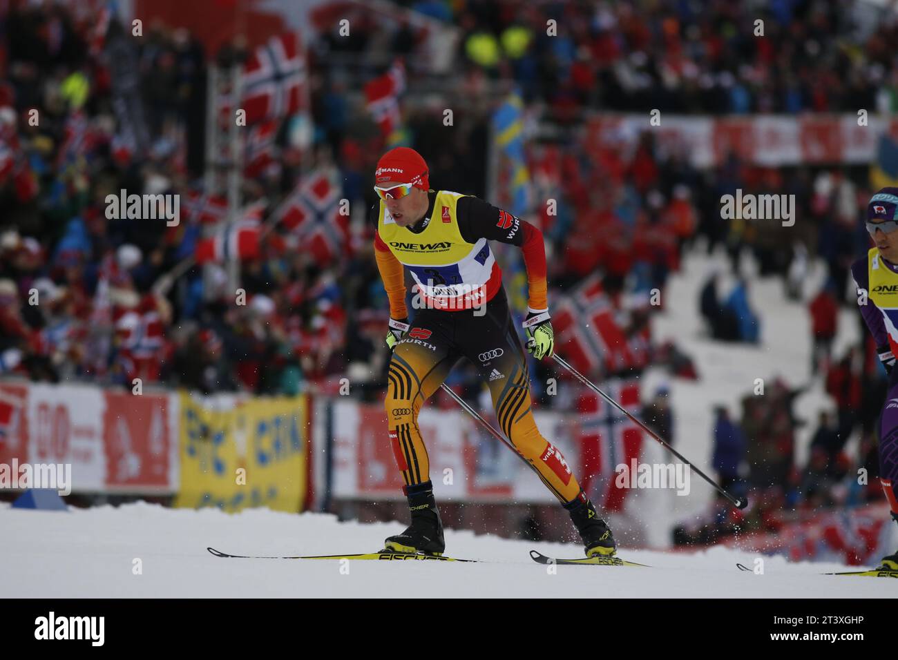 Viessmann Werbebanden FIS NORDISCHE SKI-WELTMEISTERSCHAFT 2015 in Falun, Schweden am 28.02.2015 Stockfoto