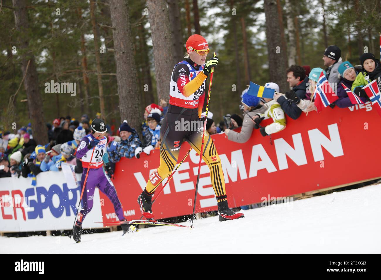 Viessmann Werbebanden FIS NORDISCHE SKI-WELTMEISTERSCHAFT 2015 in Falun, Schweden am 28.02.2015 Stockfoto