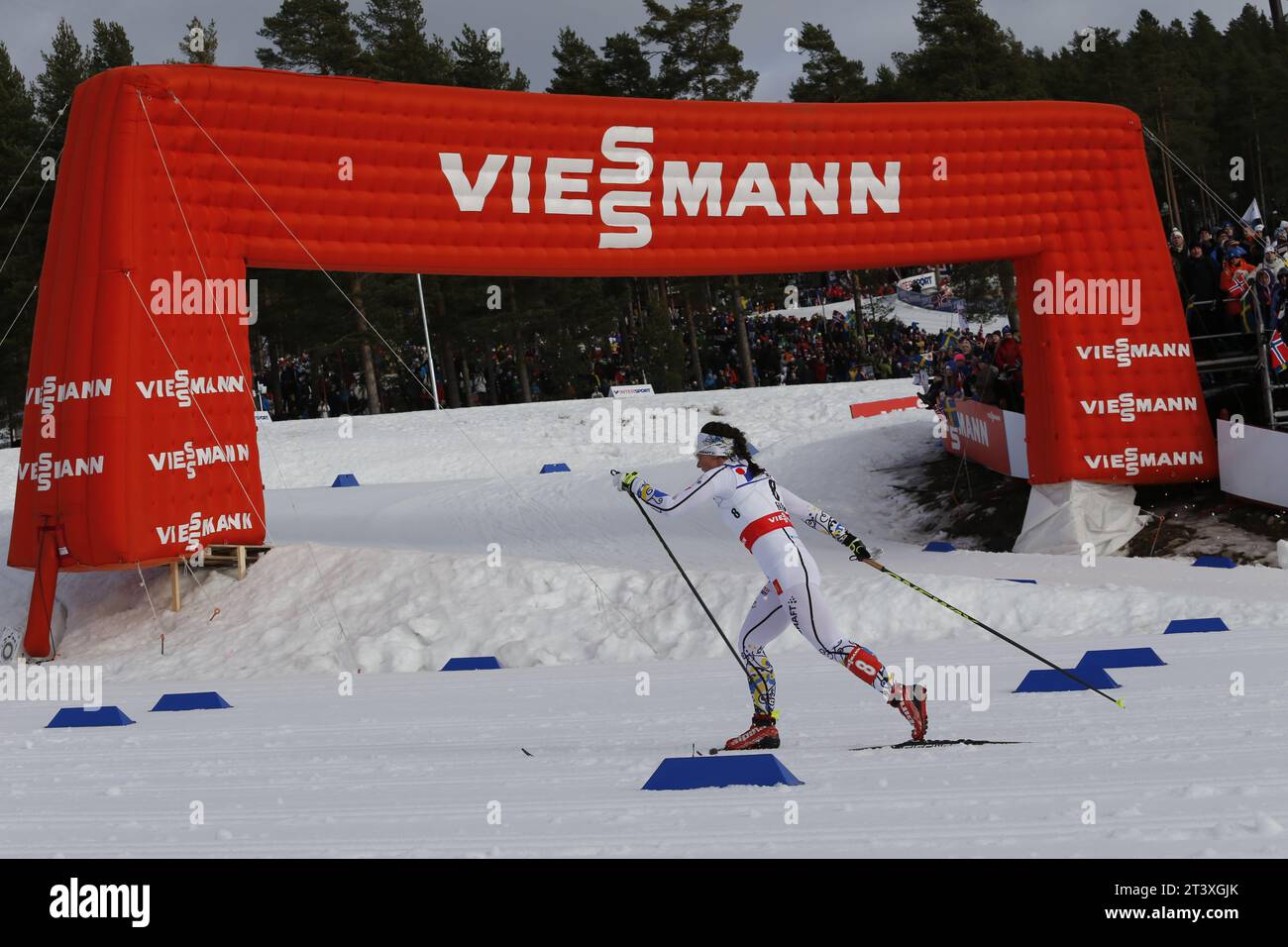Viessmann Werbebanden FIS NORDISCHE SKI-WELTMEISTERSCHAFT 2015 in Falun, Schweden am 28.02.2015 Stockfoto