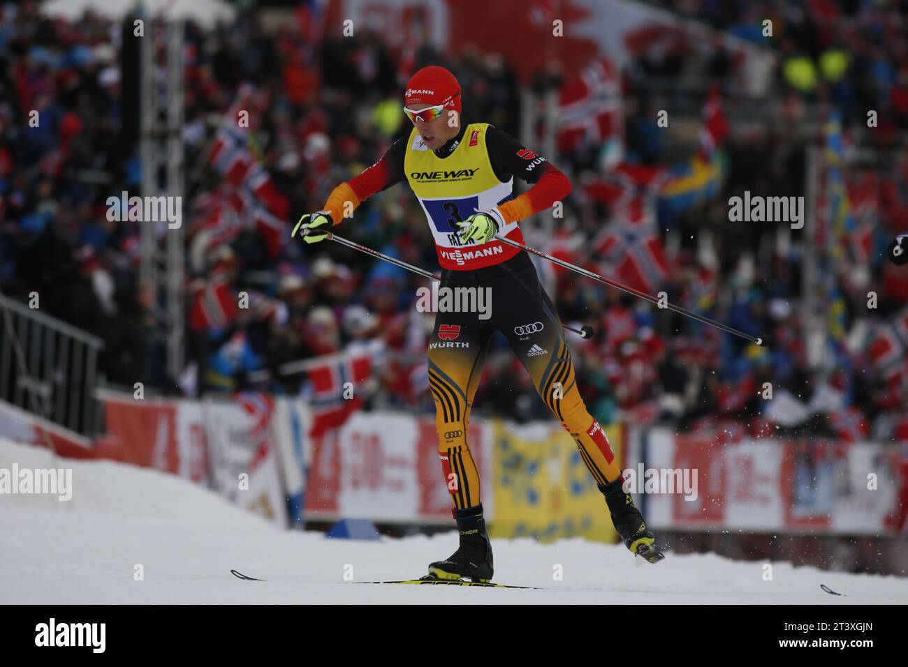 Viessmann Werbebanden FIS NORDISCHE SKI-WELTMEISTERSCHAFT 2015 in Falun, Schweden am 28.02.2015 Stockfoto