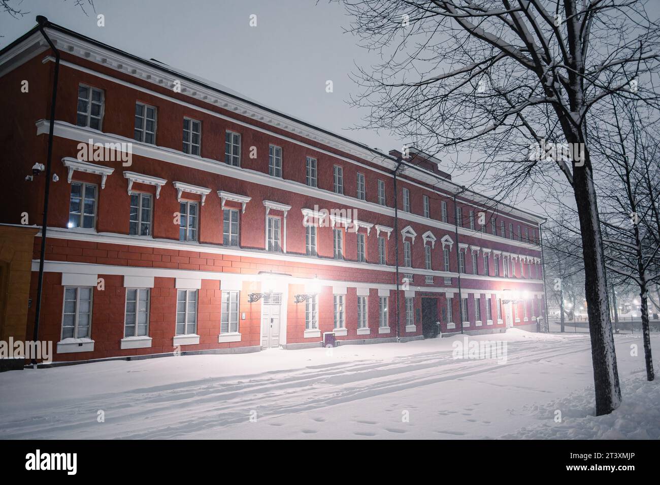 Verschneite Stadtlandschaft von Turku, Finnland Stockfoto