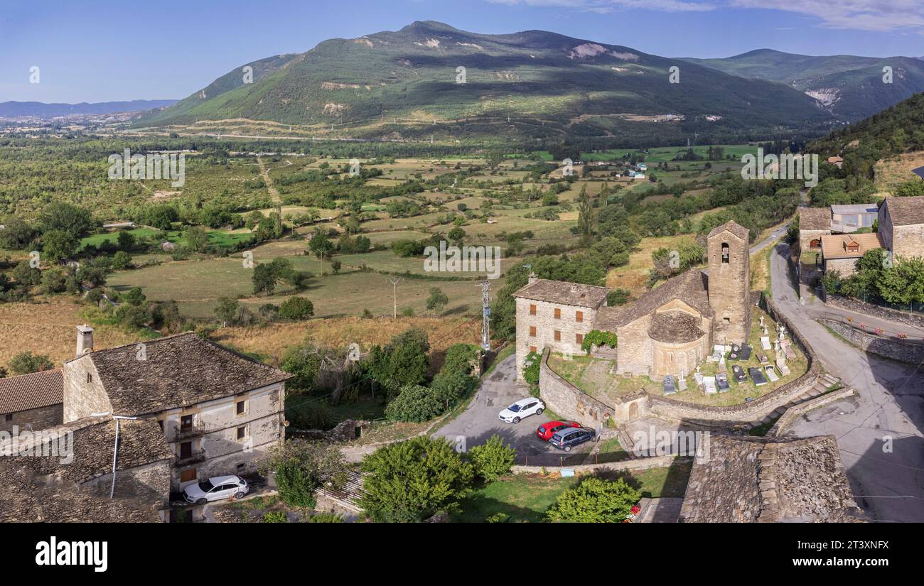 Romanische Kirche San Martín de Oliván, romanischer Stil um 1060, Bezeichnung Biescas, Alto Gállego, Huesca, Spanien. Stockfoto