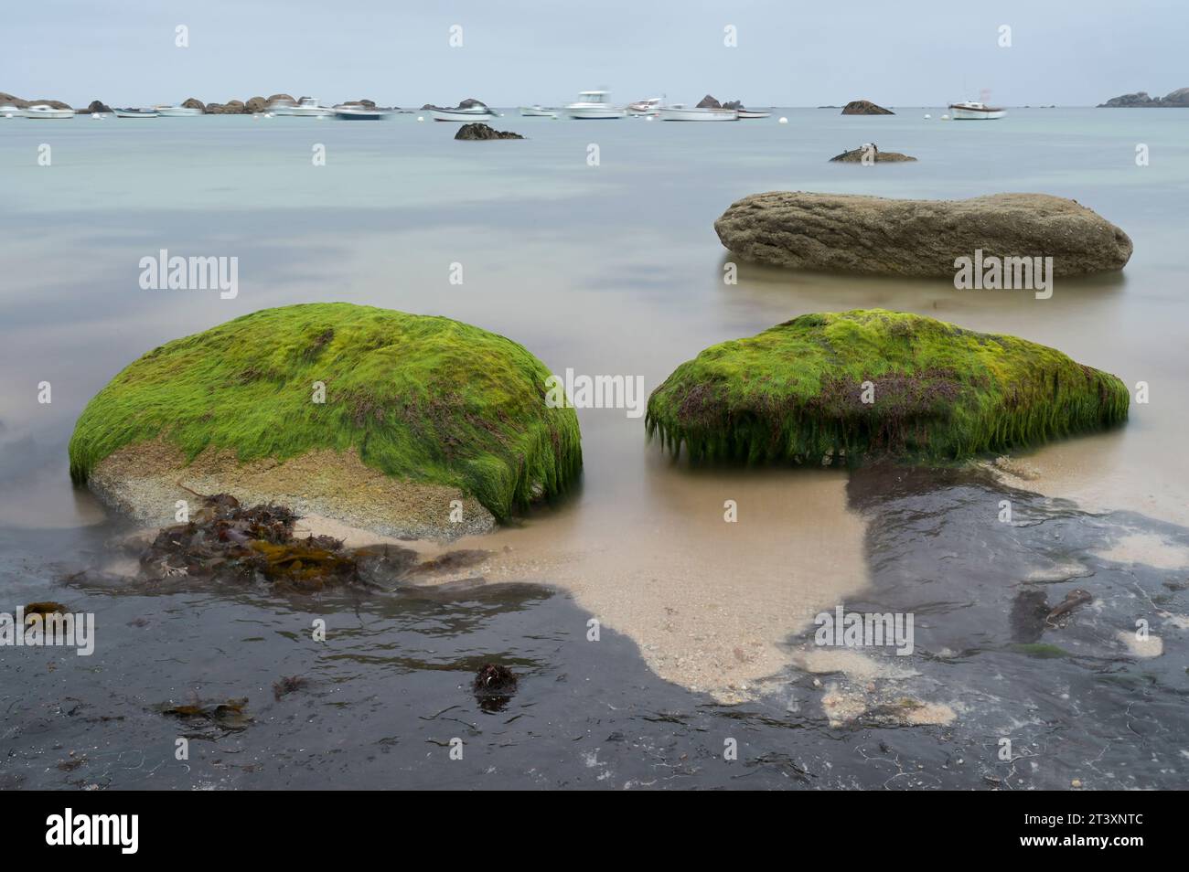 FRANKREICH, Bretagne, Plage de Menehem, Auswirkungen des Öltankers Amoco Cadiz Disaster, 1978 Rohöl am Strand / FRANKREICH, Bretagne, Strand von Menehem, Ölreste der Tankerkatastrophe der Amoco Cadiz, Langzeitbelichtung 10.8.2023 Stockfoto