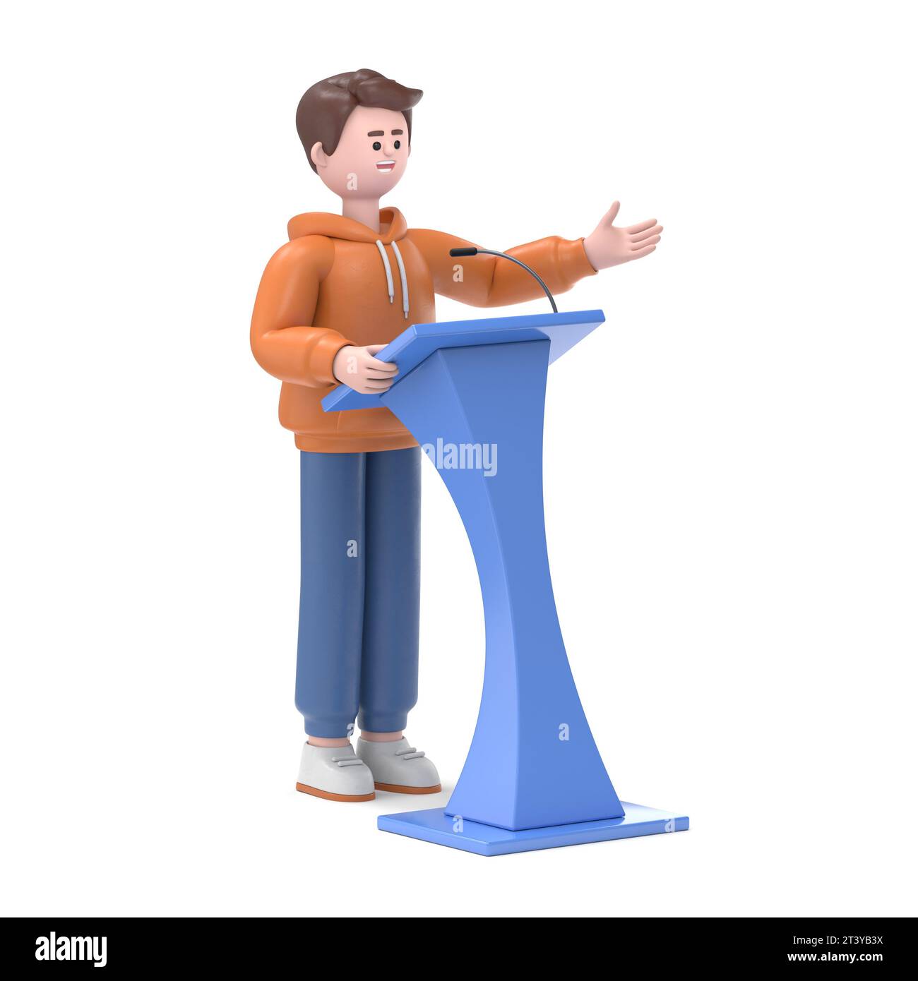 3D-Illustration eines männlichen Qadir, der auf einer Konferenz spricht. 3D-Rendering auf blauem Hintergrund. Stockfoto