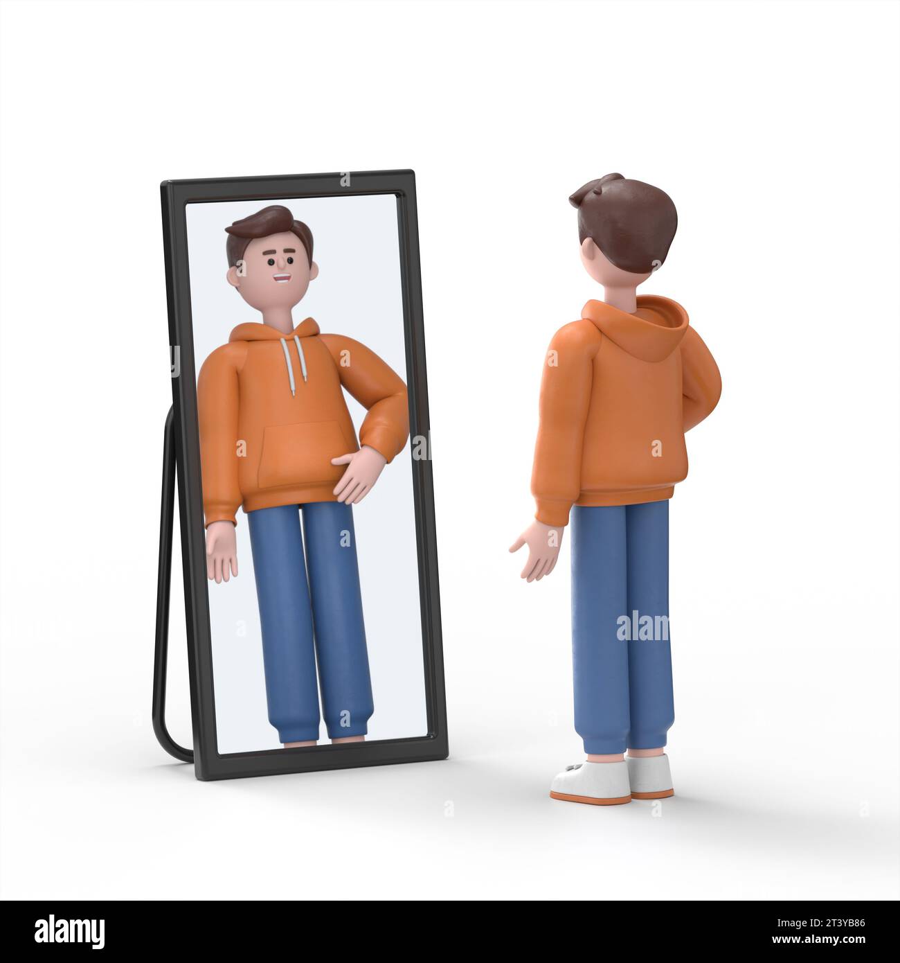 3D-Illustration eines männlichen Qadir, der im Spiegel steht und blickt. Abbildung flach.3D-Rendering auf weißem Hintergrund. Stockfoto