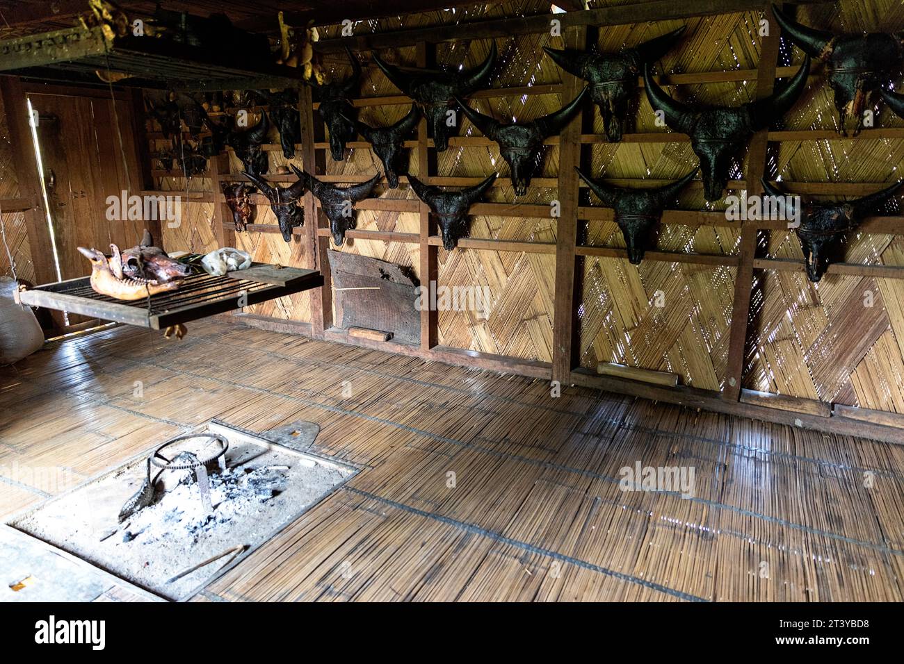 Wand mit Stierschädeln in traditionellem Holzhaus der Adi-Minderheit in Assam, Nordosten Indiens Stockfoto