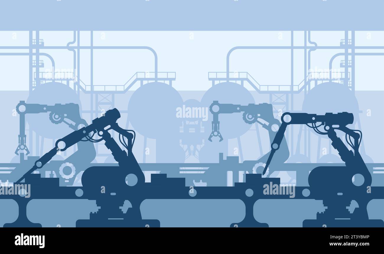 Industrielle Produktionslinie, Montagewerkstatt Innenraum, Förderband für Anlagen oder Fabrikfertigung, Vektor Stock Vektor