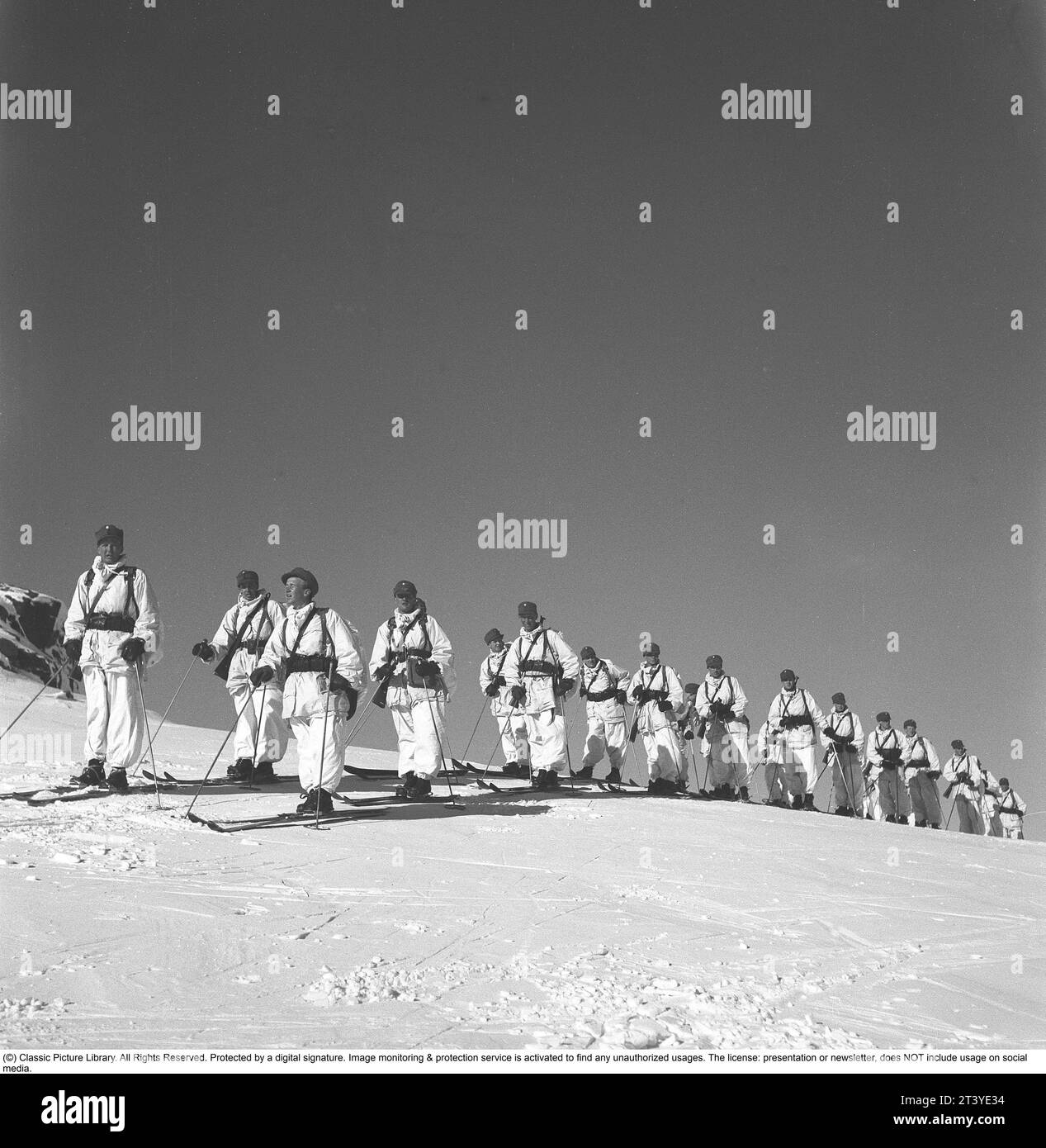 Schwedische Soldaten während des Zweiten Weltkriegs. Bewaffnete Soldaten in weißen Schneeanzügen fahren in den schwedischen Bergen Ski. Schweden 1943. Kristoffersson Ref. E2-5 Stockfoto