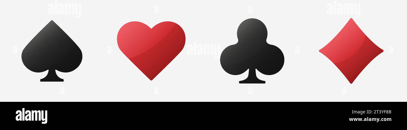 Herzen Diamanten Clubs Pik signiert realistische Chips. Glänzende Spielkarten-Anzug-Symbole. Vektordarstellungskarte auf isoliertem weißem Hintergrund. Stock Vektor